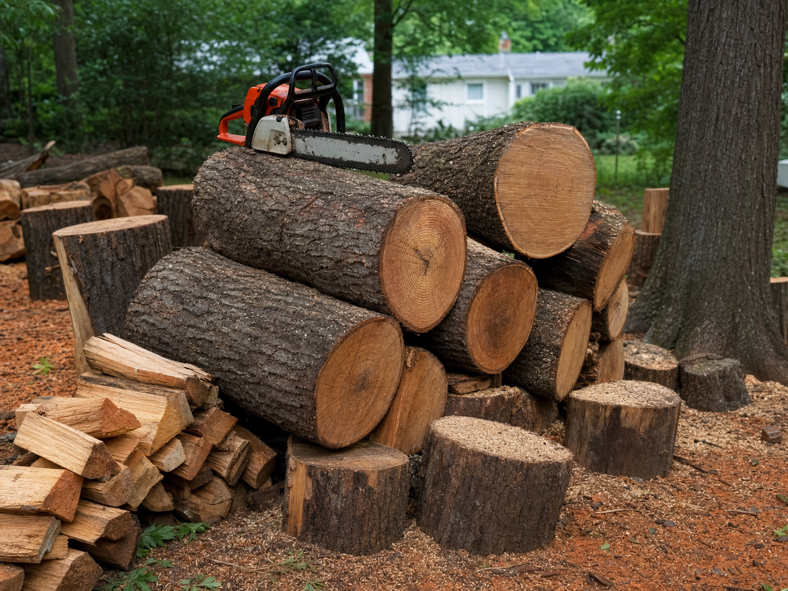 Cut brush and wood debris cleared from a rural property