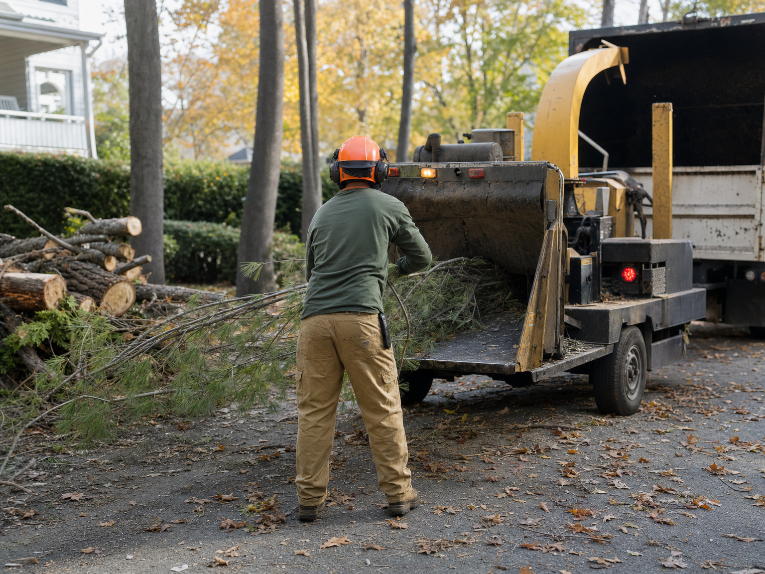 Wood chipper processing cut tree debris on a street