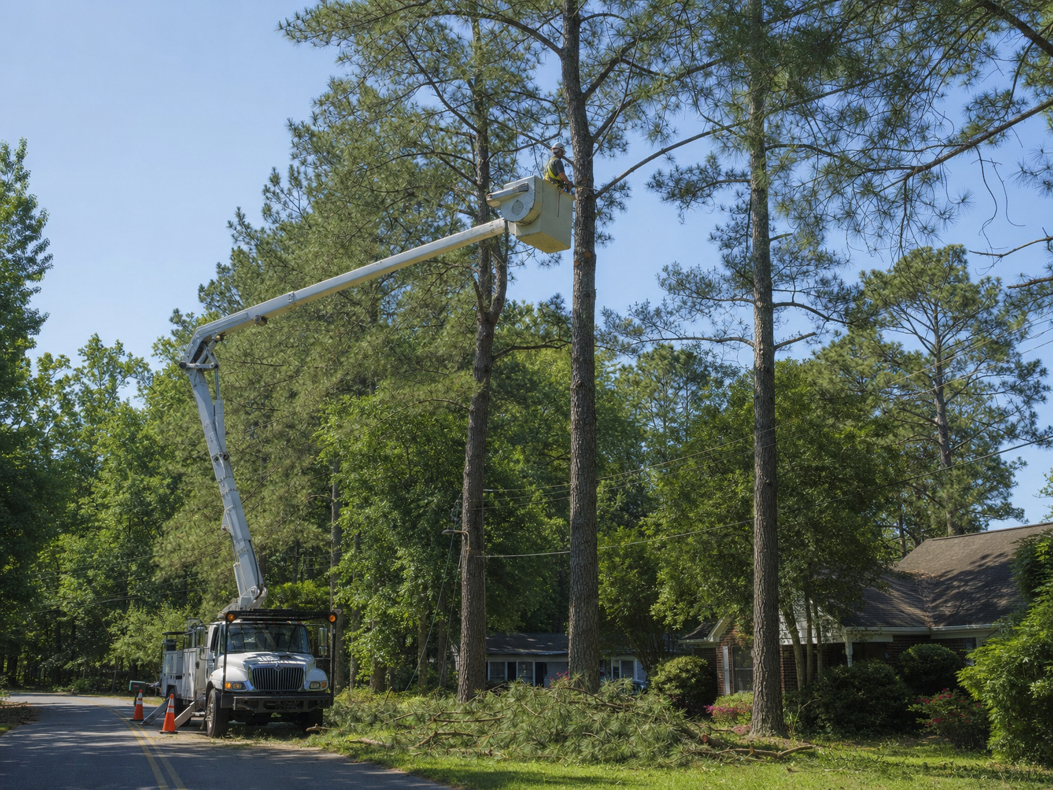 Bucket truck positioned for hazardous tree work