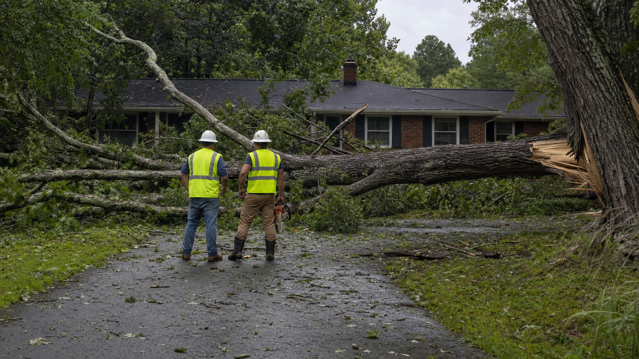 A fallen tree blocking a residential driveway