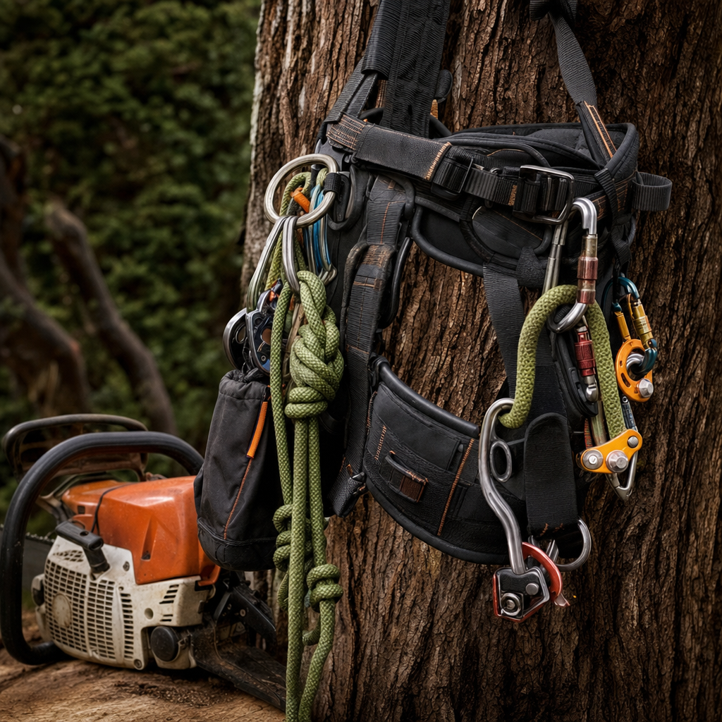 Arborist harness and rigging detail on a tree trunk