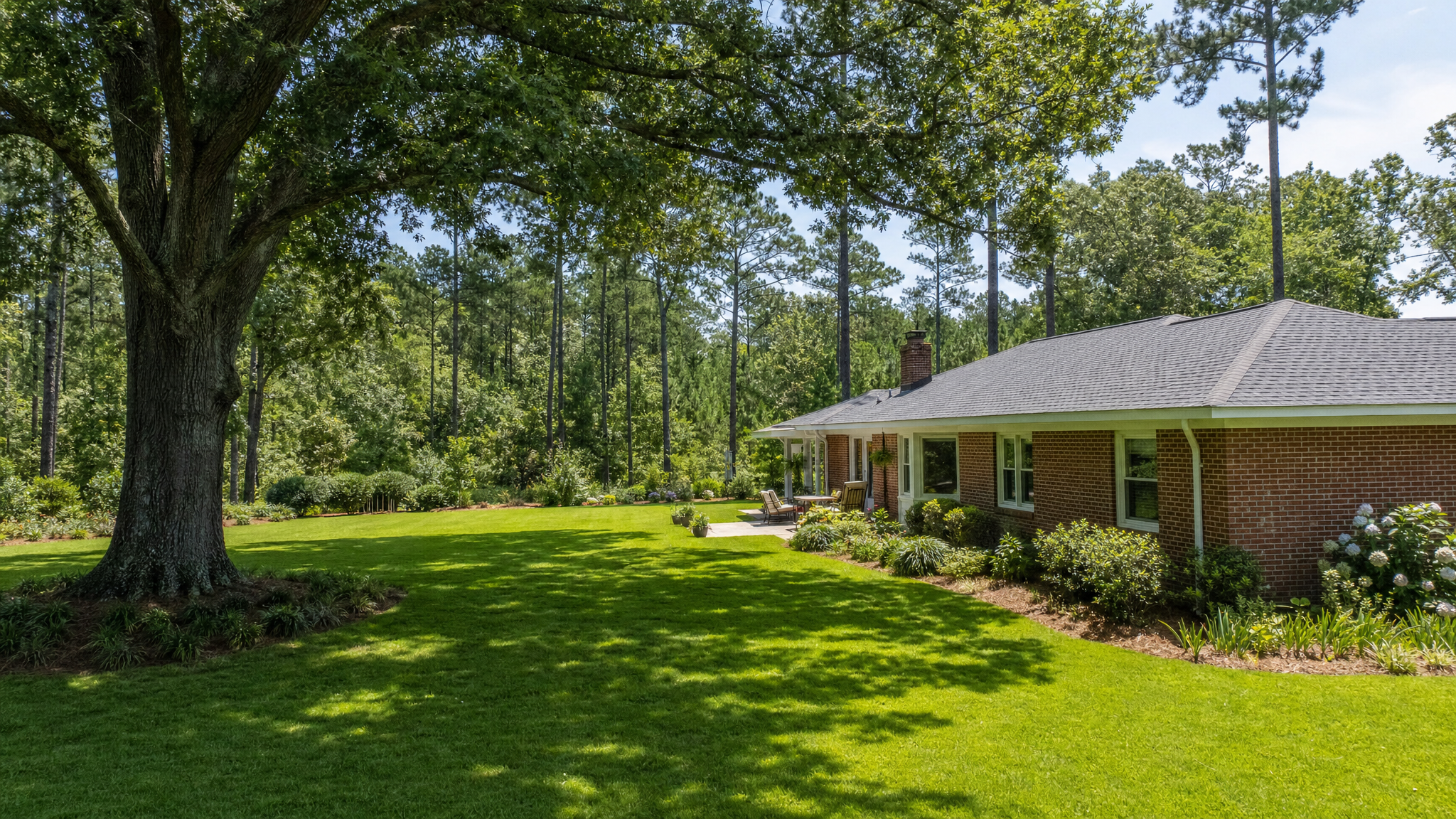 Landscaped North Carolina backyard with hedges and shrubs
