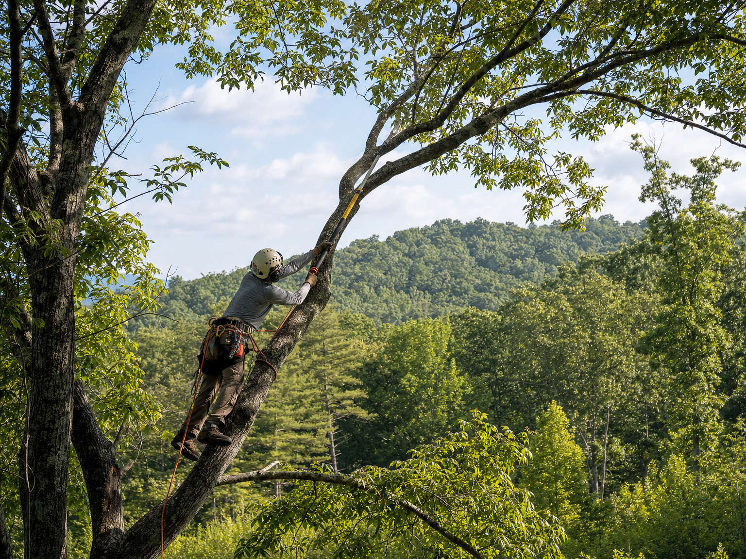 Arborist using a pole saw to trim limbs high in a tree canopy